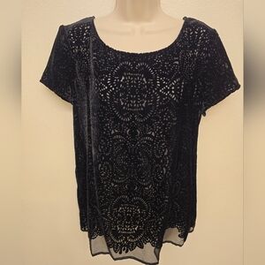 EUC Loft black Velvet Burnout Lace Short Sleeve Blouse